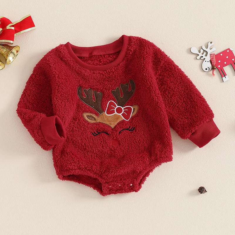 2024-06-04 Lioraitiin Baby Girl Christmas Fleece Jumpsuit Elk Embroidered Round Neck Long Sleeve Romper Able Bodysuits 3
