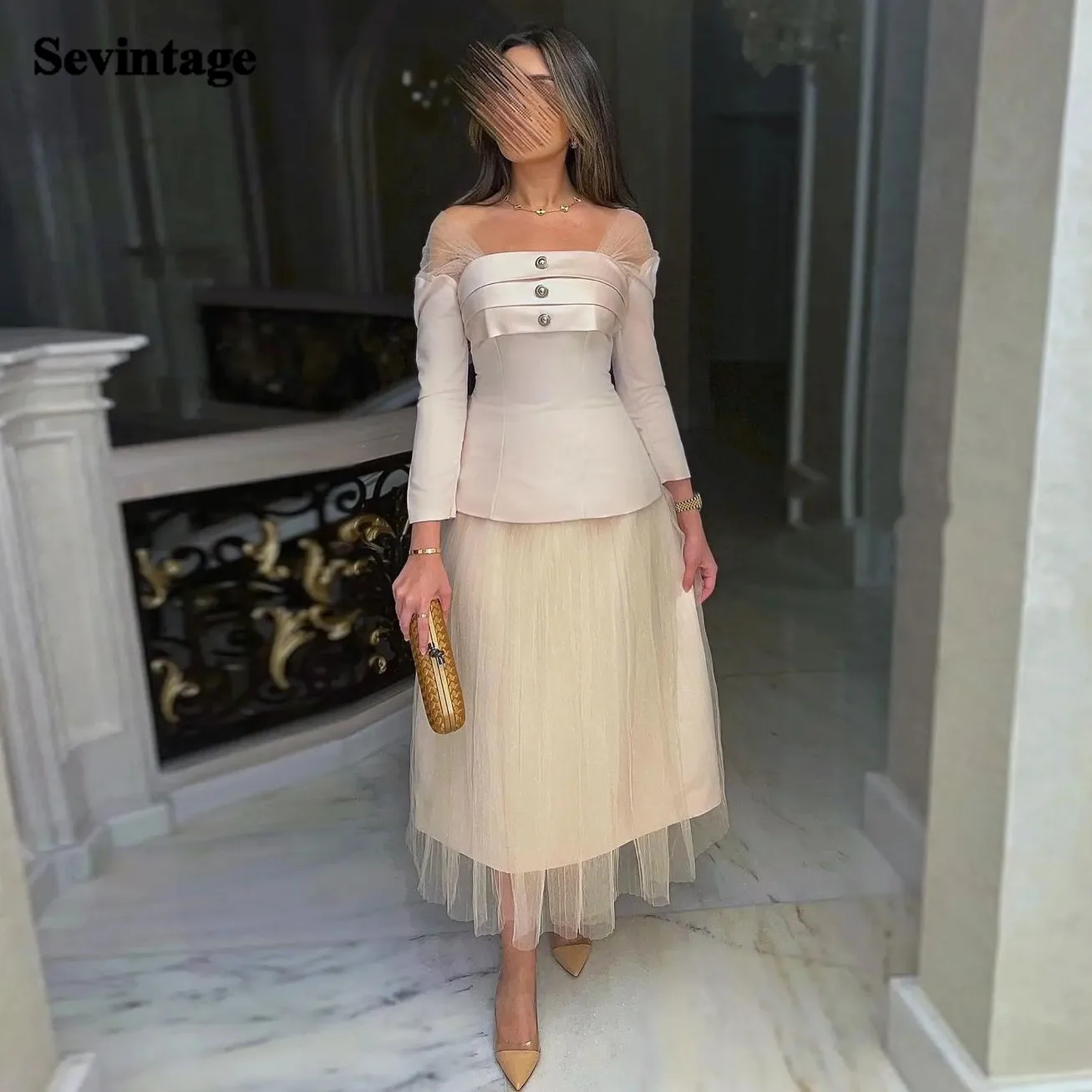 

Sevintage Elegant 3/4 Sleeves Short Formal Prom Dresses Tea-Length Satin Tulle Midi Women Specail Party Dress Evening Gowns