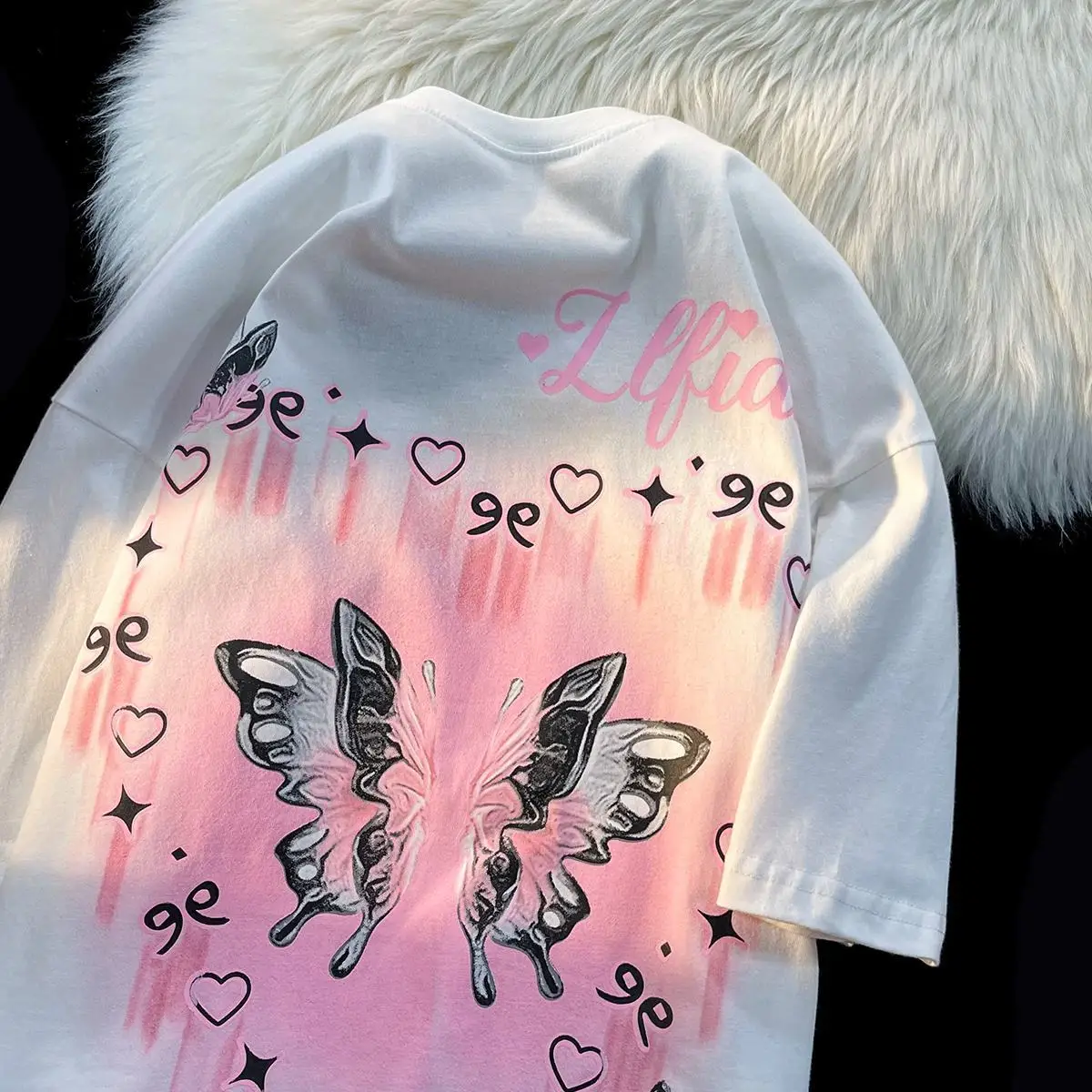 

Korean Creative Butterfly Print Short Sleeve T-shirt for Women Oversize Autumn Loose Casual Top for Girls Round Neck Clothing