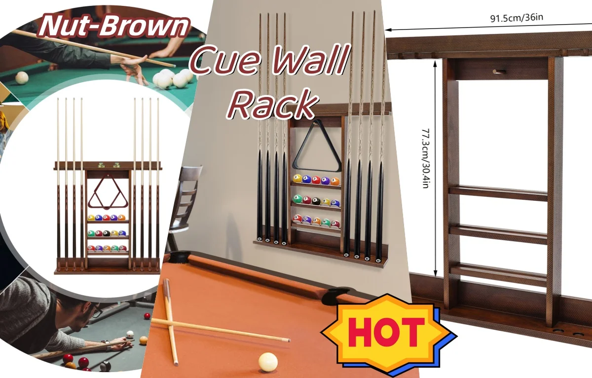 

Nut-brown 8 Pool Cue Wall Rack Pool Stick Holder Wall Mount Holds Billiard Ball Racks and Full Set of Pool Balls