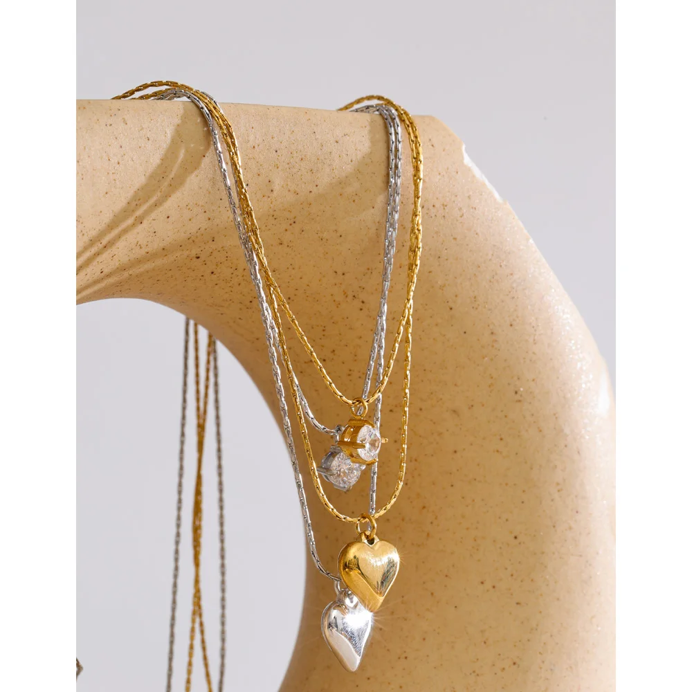 Yhpup Stainless Steel Double-Layer Cubic Zirconia Heart Drop Overlay Necklace