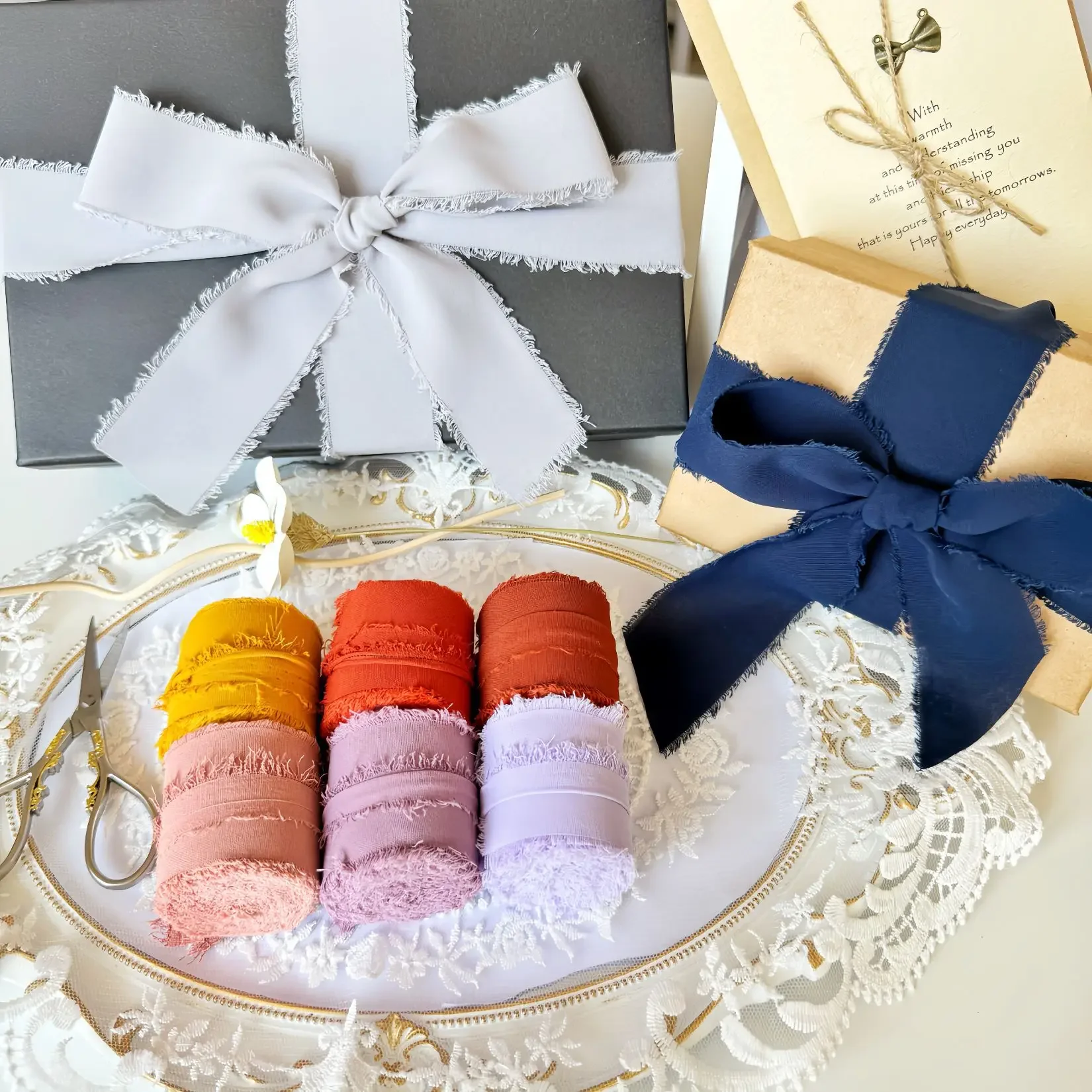 Frayed Cotton Silk Ribbon Edged Wrinkle Handmade Ripped Wedding Party Flower Bouquet Gift Packing Decorations DIY Craft