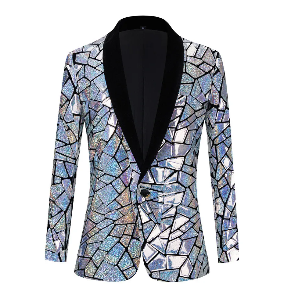 Men's Silver Laser Mirror Blazer Coat Groom Party Suit Jackets