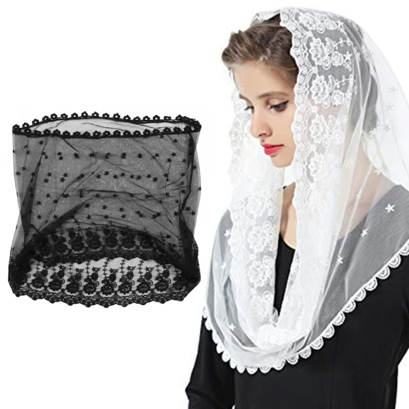 ZB91 Muslim Women for Infinity Floral Lace Veil Scarf Wedding Bride Chapel for Head Covering Wrap Style Latin Mass Mantilla