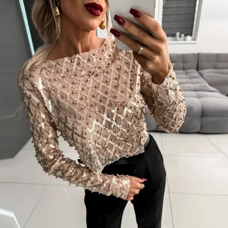 

Gold Sequin Shiny Beading See-though Blouse Women New Spring O-neck Hollow Out Top Pullover Autumn Long Sleeve Fashionable Shirt