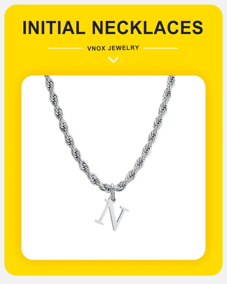 Vnox Initialen-Halsketten für Damen und Herren, Edelstahl A-Z Buchstaben-Alphabet-Charm-Anhänger mit gedrehter Seilkette, Unisex-Kragen – Detail 1