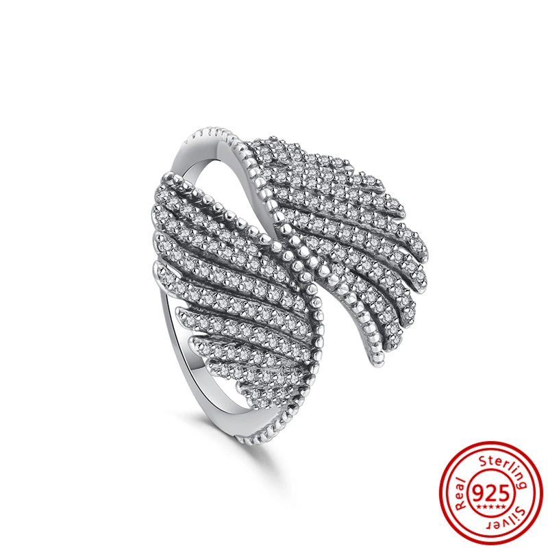 New 925 Sterling Silver Original Ring Pavé Clear Zircon Feather Flower Crown Heart Sparkling Lucky Wedding Rings Pantaro Jewelry 2