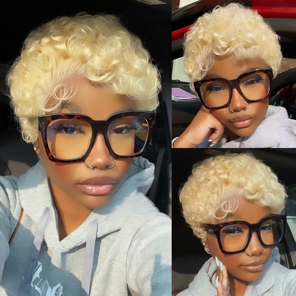 Short Bob Curly Pixie Cut Wig Colored 613 Deep Wave Bob Human Hair Wigs Brazilian Wavy Lace Wigs For Women