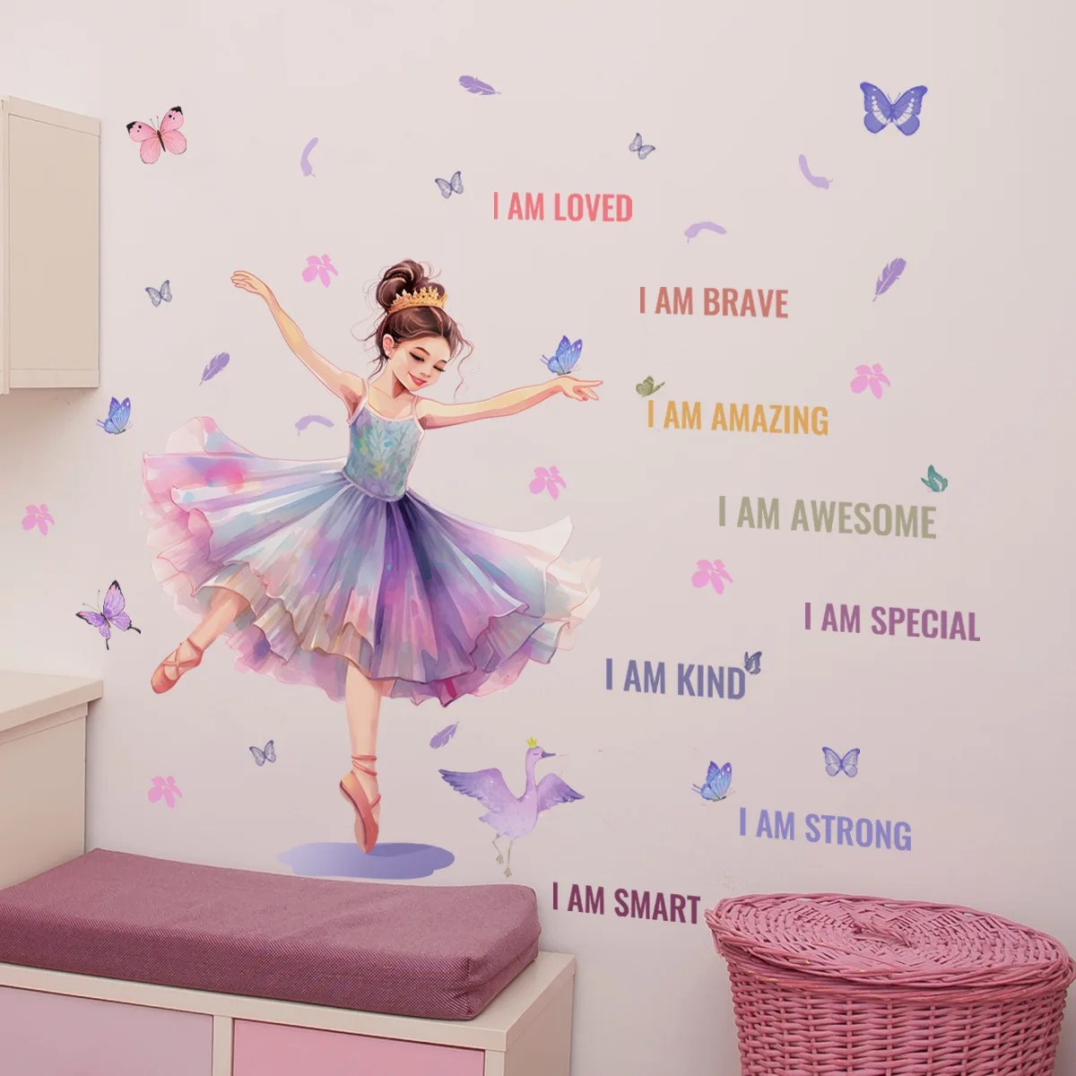 Luminous Wall Stickers Wall Stickers Vinyl Decal Stickers Ballet Dancer Girl Wall Decal Colorful Butterfly Theme Stickers for Girls Room Nursery Princess Room Decoration Self-Adhesive