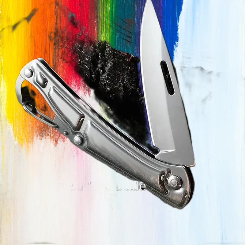 Pocket fruit cutter. Stainless steel. Non-slip grip. Folds for portability. Kitchen.