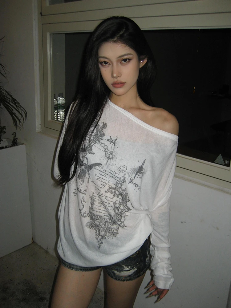 Yedinas Korean Fashion Graphic Tees Slightly Transparent T Shirt Women Clothing Long Sleeve Loose T-shirt Streetwear Spring Tops 4