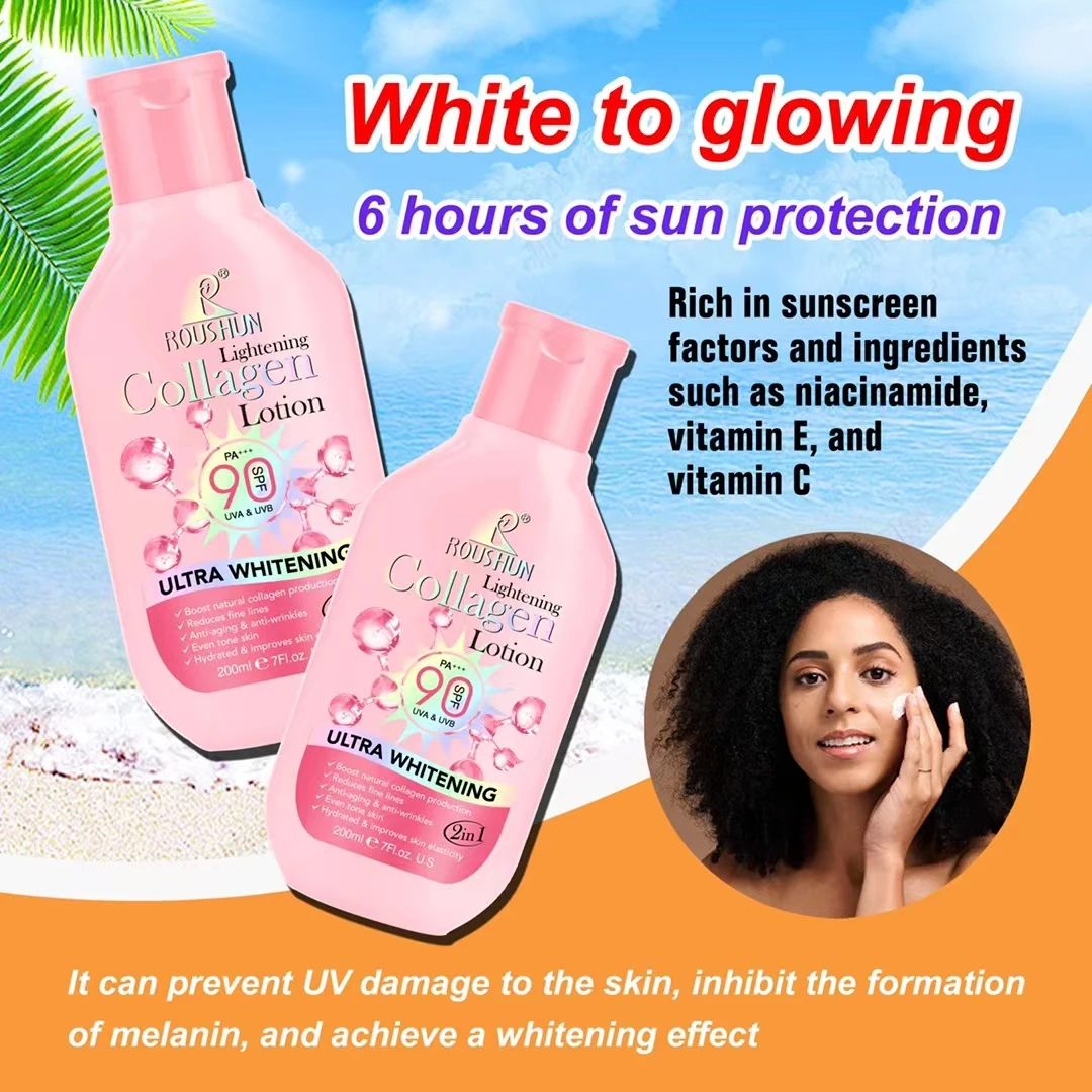 200ml Sunblock Lotion Sunscreen Collagen SPF90 UVA&UVB Ultra Whitening Reduce Fine Lines Even Tone Skin Improves Skin Elasticity 3
