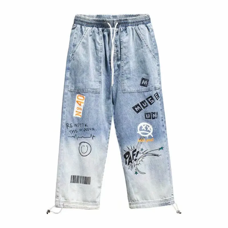 

Monogrammed jeans, cartoon slacks with string, hip hop style, spring and autumn casual wear