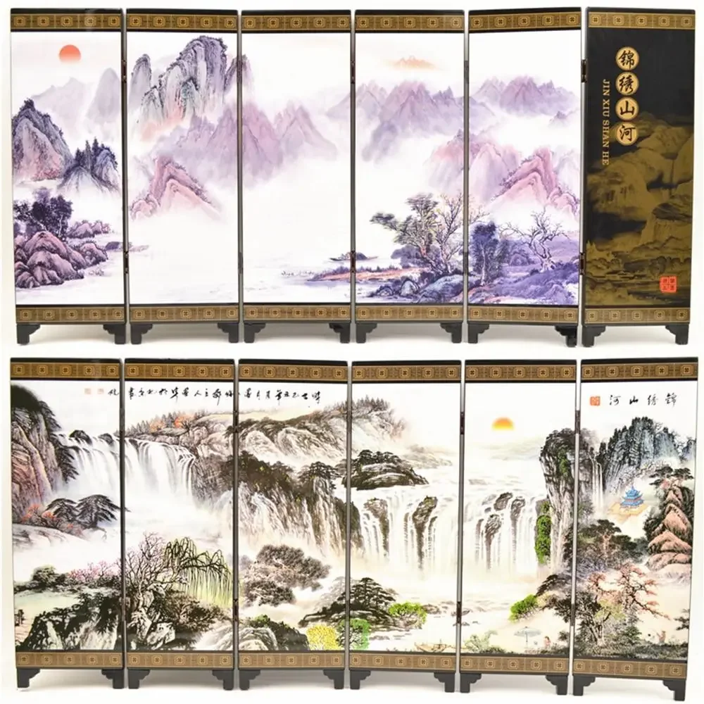 Handcrafted Antique Lacquerware Room Divider with Chinese Mural Design