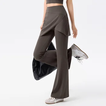 Pantaloni da yoga Fitness Palestra Vita alta Anti-esposizione Pantaloni da esercizio per il sollevamento dell'anca in due pezzi finti da corsa Leggings a gamba larga attillati sulla pancia