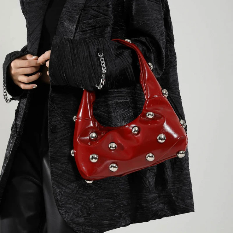 Schwarz Halbmond Unterarm Tasche Für Frauen Luxus Nieten Perlen