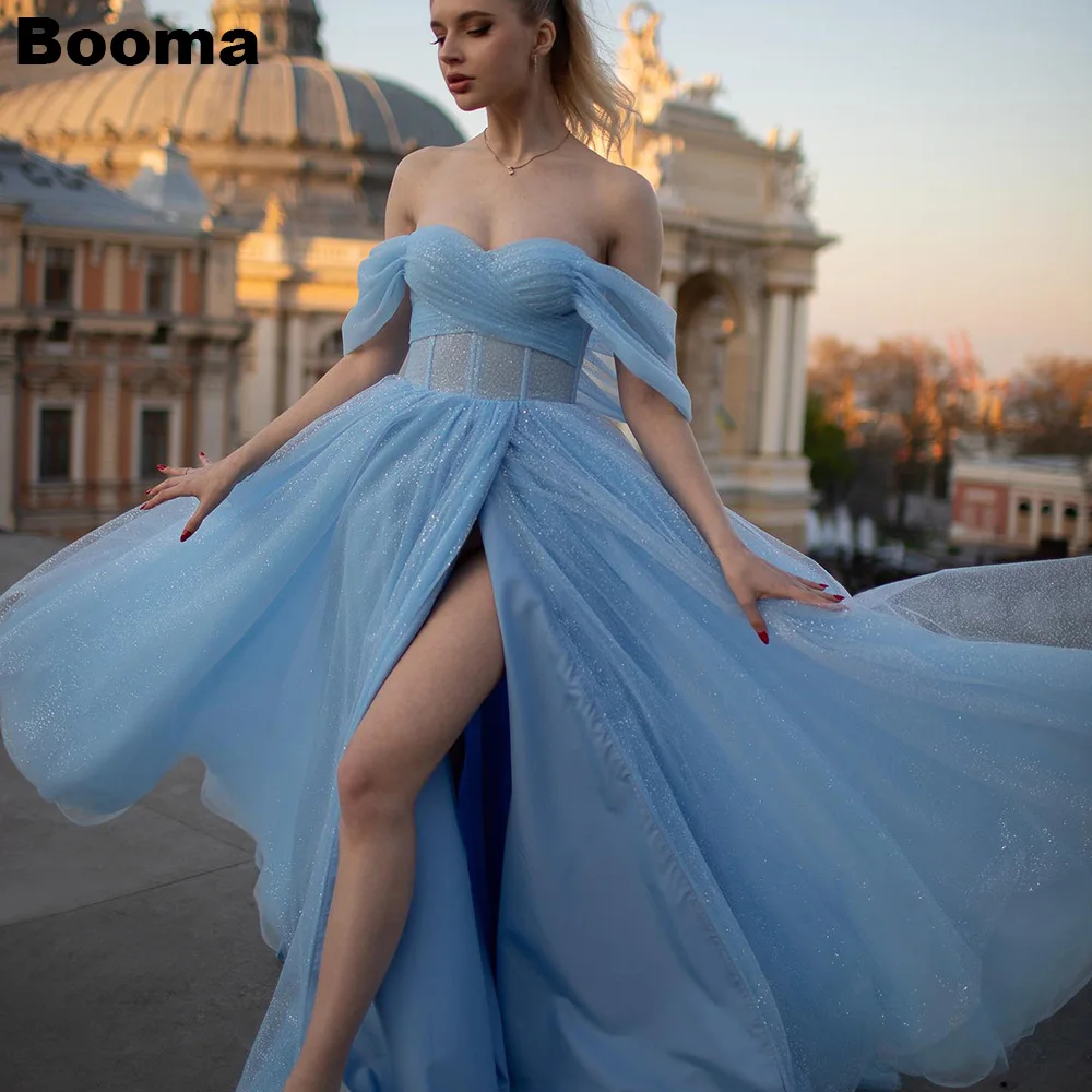 

Booma Shiny A Line Evening Dresses Sweetheart Off Shoulder Tulle Prom Party Gowns Leg Slit Bone Corset Formal Dress for Wedding