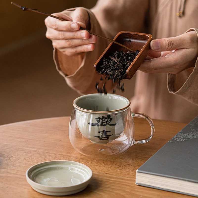 Creative Ceramic Hand Drawn Handwritten Text Cup, Household Office Items Porcelain Filtered Tea Water Separation, Glass Mug, 1Pc