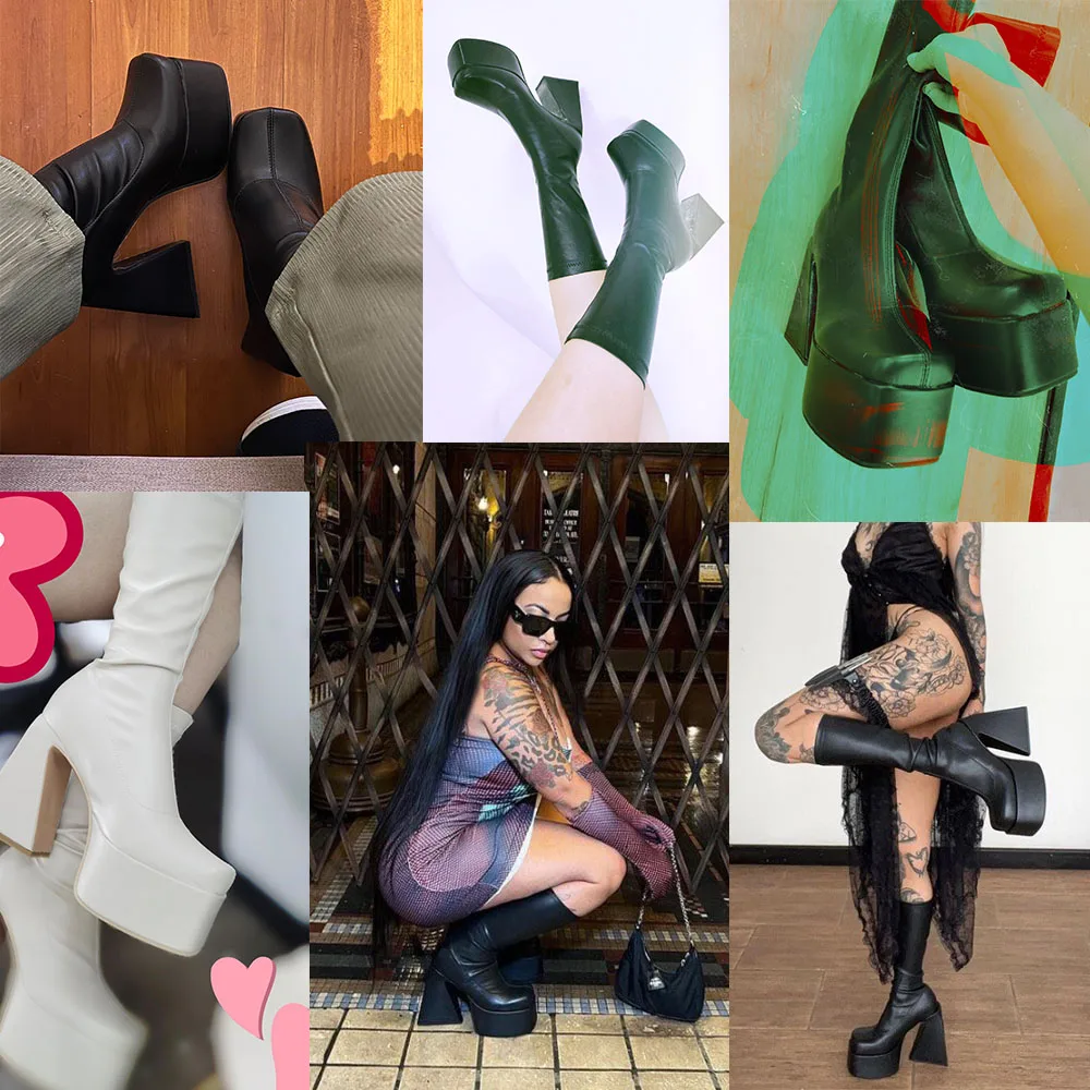 Winter Women High Heeled Boots Mid Calf Platform Shoes Chunky Non Slip platform boots,women boots