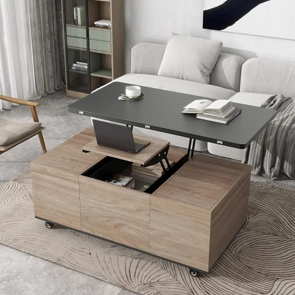 

Modern Multi Functional Lift Top Coffee Table With 3 Drawers for Living Dining Room Walnut & Black Side Tables Furniture Home