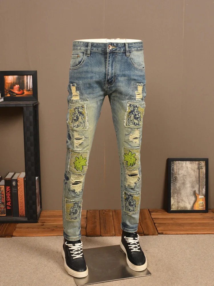 Retro Make Old Ripped Jeans Men's Pu Handsome Stretch Slim Fit High-End Embroidery Scrape Patch Style Motorcycle Trousers retro womens jeans y2k streetwear skinny denim trousers 2023 fashion high waist pencil pants hip hop make old washed jeans