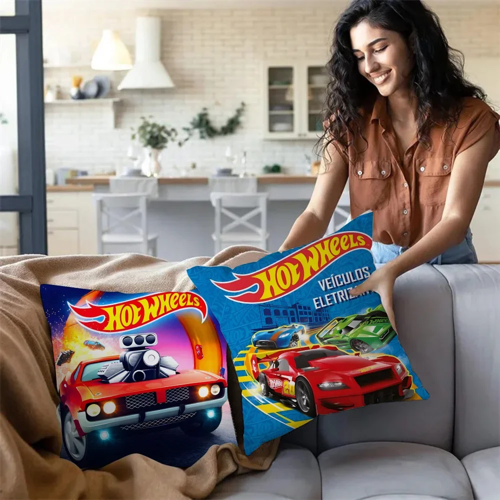 Cartoon Racing Hot Wheelss Pillow Covers Cartoon Sofa Decorative Home Double-sided Printing Short Plush Cute Cushion Cover