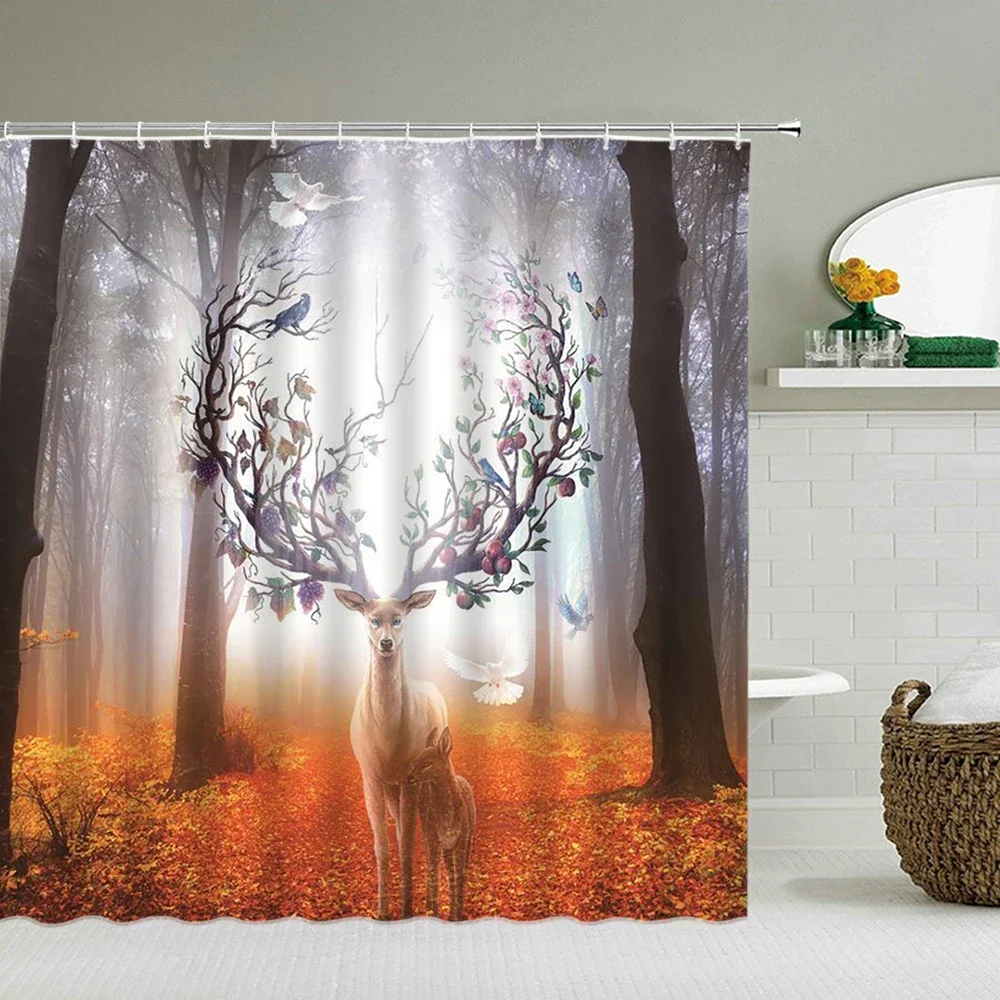

Шторы для душа с природным лесным пейзажем, водонепроницаемая занавеска для ванной комнаты, 3d печать с крючками, украшение, 180*180 см, моющаяся ткань