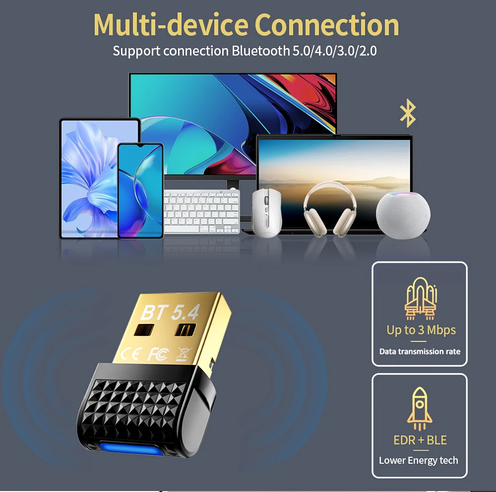 Bluetooth 5.4 Adapter USB Bluetooth 5.3 Dongle Adaptador for PC Wireless Mouse Keyborad Music Audio Receiver USB Transmitter
