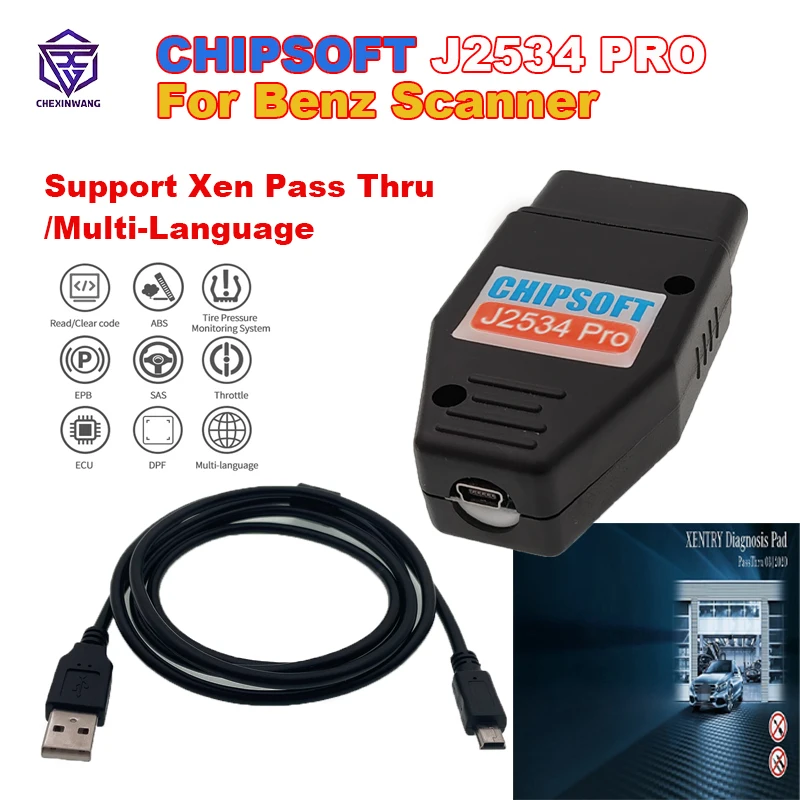 Chipsoft J2534 Pro For Mercedes Benz VCI Diagnostic Cable J2534 Passthru Scanner Simulator Mode OBD 2 OBD2 Car Diagnostic Tool