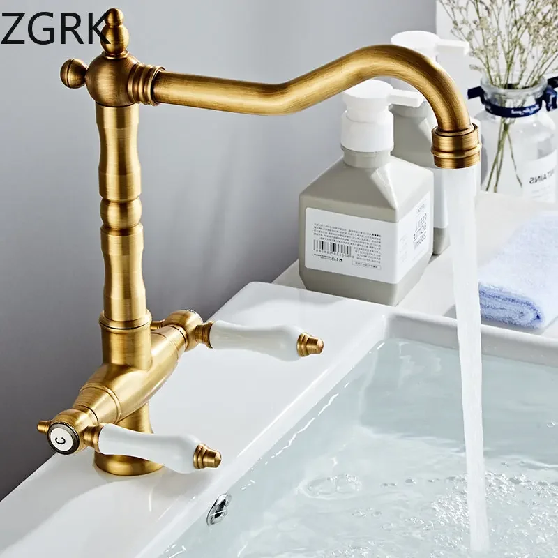 Faucet for Kitchen Dual Handle Antique Brass Retro Faucet 360 Degree Rotation Kitchen Sink Taps Deck Mounted Bathroom Sink Mixer