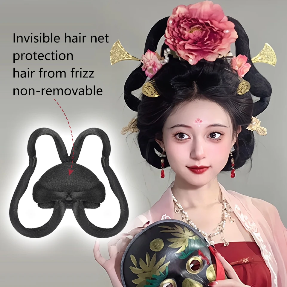 Hanfu 가발 고대 의상 중국 전통 머리띠 chignon 공주 머리 묶음 코스프레 빈티지 가발 여성용 합성 머리