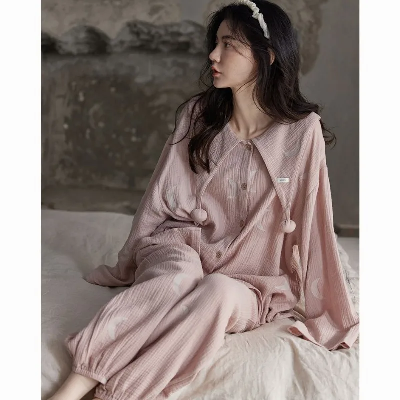 2023 New Pajamas Women's Spring Autumn Woven Cotton Loungewear Long Sleeve Skin-friendly Sleepwear Set Loose Large Size Homewear