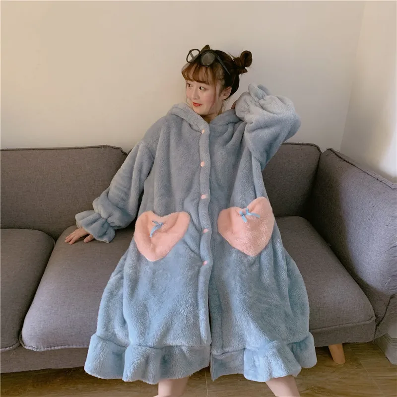 Kawaii Hooded Nightgowns For Women Winter Warm Bathrobe Sleepwear Pajamas Dress Cute Cartoon Long Robe Homewear Long Night Gown