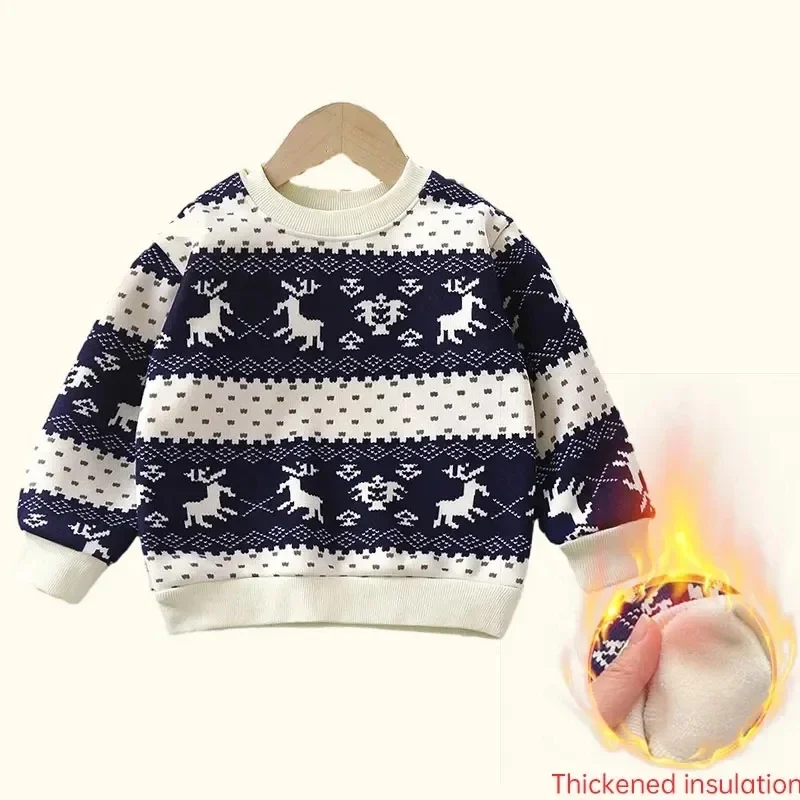 Autumn Winter Plush Velvet T-shirt for Kids Thicken Warm Printed Sweatshirts Casual Children Pullover Outwear