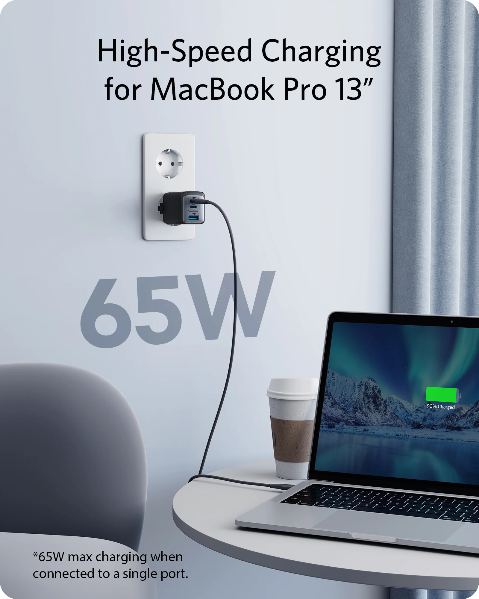 מטען ננו Anker, 65W 3 יציאות מהיר קומפקטי מתקפל USB C, עבור MacBook Pro/Air, iPad Pro, Galaxy S20, iPhone 17/16 Pro