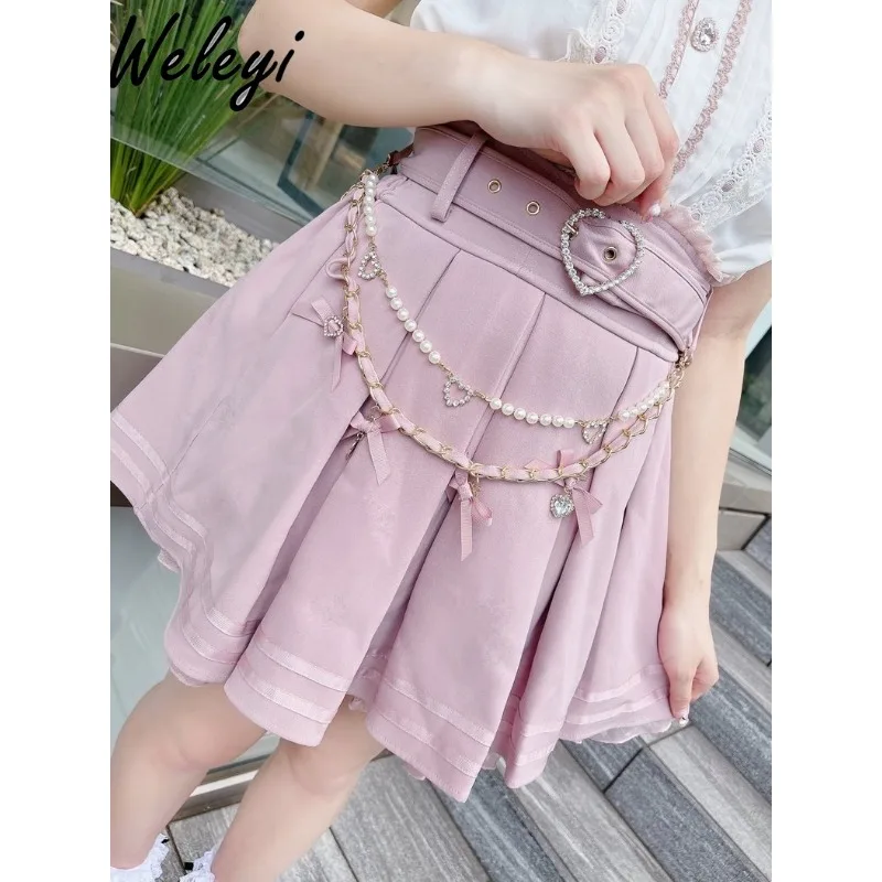 Women Jirai Kei Skirt Japanese Style 2024 Spring Cute Mine Bow Bead Chain Versatile Production Love Belt Princess Pleated Skirts spring new jeans women s pants slim elastic hip lifting thin nail bead leggings jeans