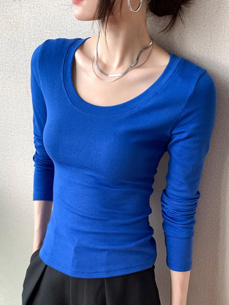 

Women White Cotton Casual T-shirts Long Sleeve Thin Shirt Slim Office Tees Ribbed Top Women Spring Summer