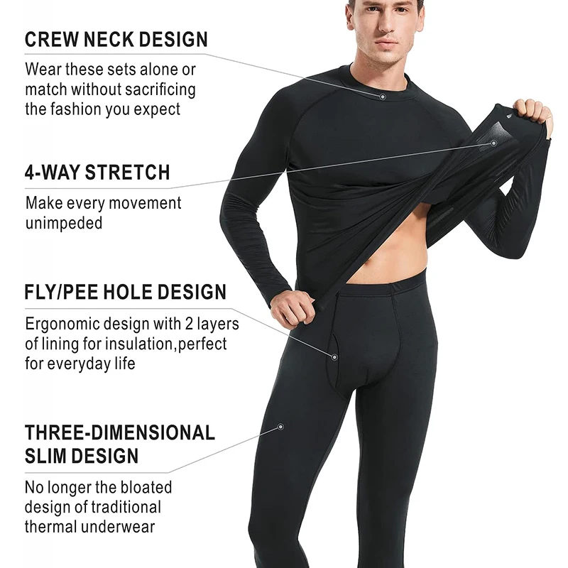 Men Winter Thermal Underwear Sets Crew Neck Long Sleeves Long Johns Base Layer Set Top Bottom for Cold Weather Male Warm Clothes thermal underwear sets