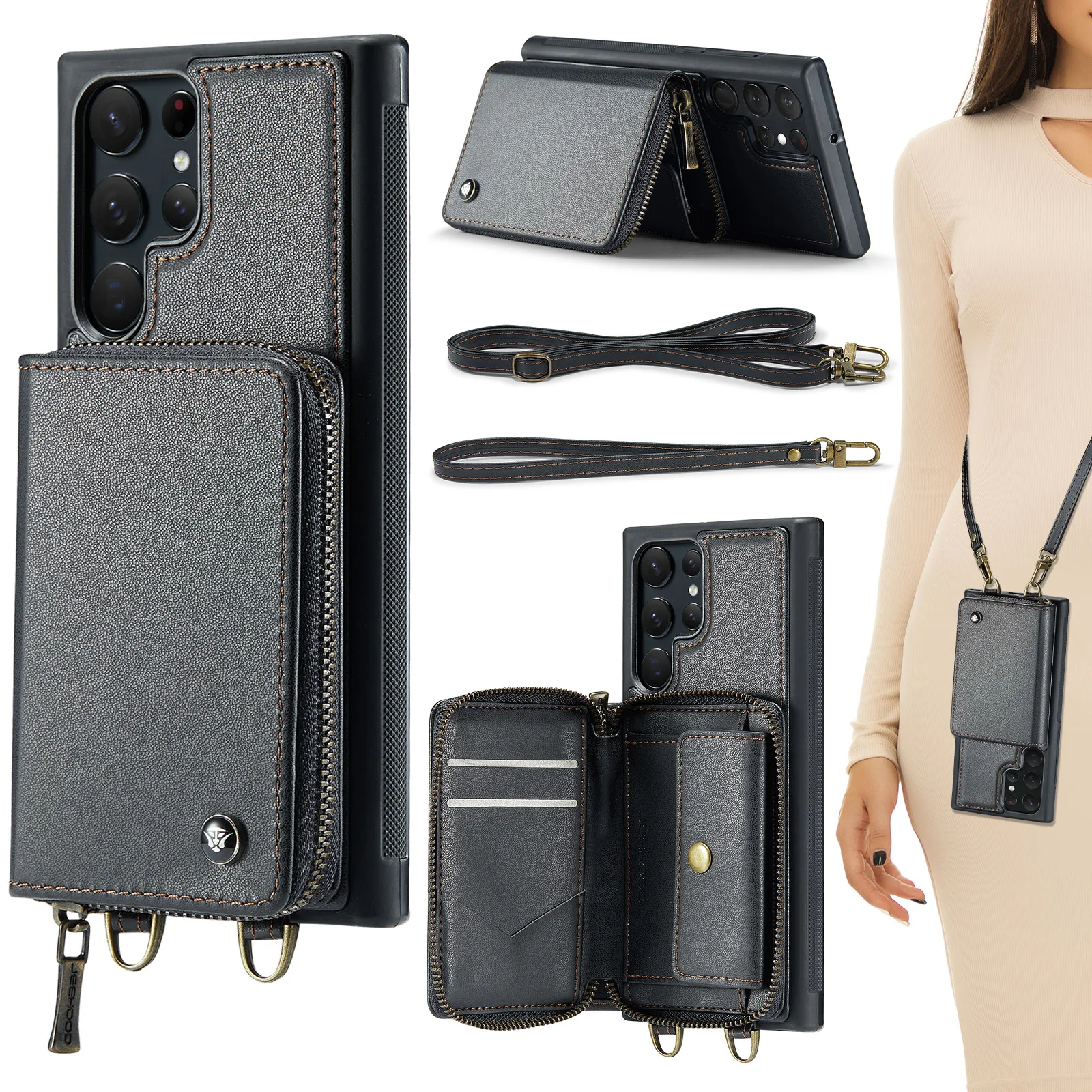 

Luxury Zipper Wallet Phone Case For Samsung S22 S21 Ultra IPhone 14 13 12 Pro Max Card Holder Purse Back Cover Crossbody Strap