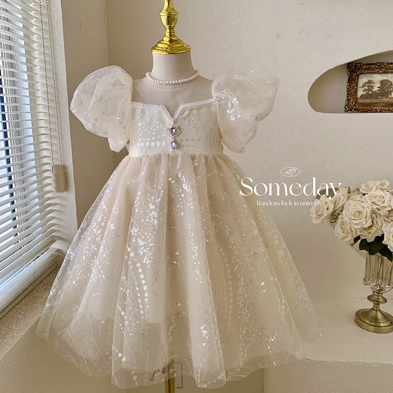 

HoneyCherry Girls Dresses Summer New Fluffy Gauze Princess Dress Fashion Lace Sequins Girls Dresses Girls Clothes