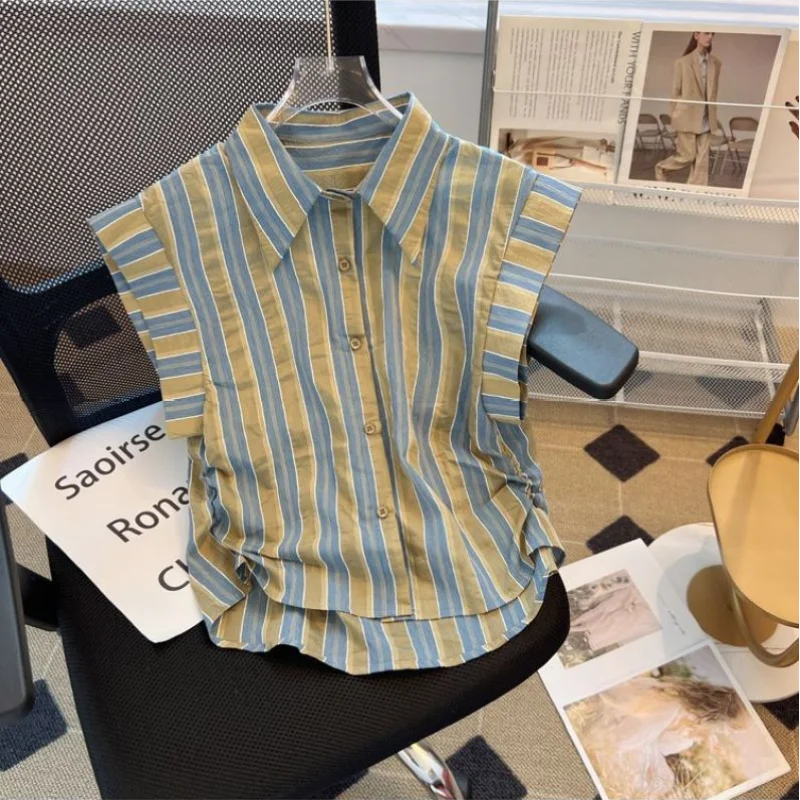 

Minimalist Korean 2024 Summer New Women's Blouse Polo-Neck Button Folds Striped Spliced Flying Sleeve Fashion Slim Shirt Tops