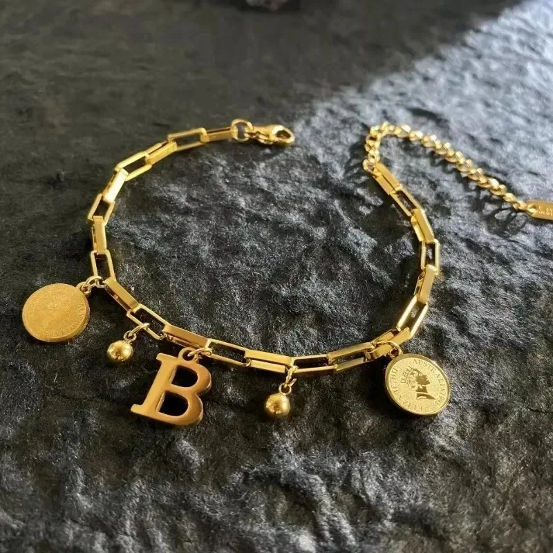 Luxury Stainless Steel Bracelet Golden Queen Coin 26 Letters Pendant Chains Accessories for Women Simple Jewelry Gift