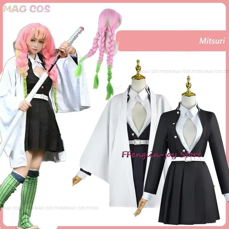 Adult Kids Yaiba Anime Kimono Kanroji Mitsuri Cosplay Full Set Wig Halloween Costume for Women Girl