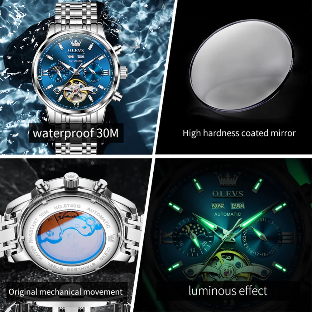 OLEVS 6740 New Automatic Watches For Man Exclusive Mechanical Skeleton Flywheel Men's Watches Moon Phase Calendar Wristwatch Man