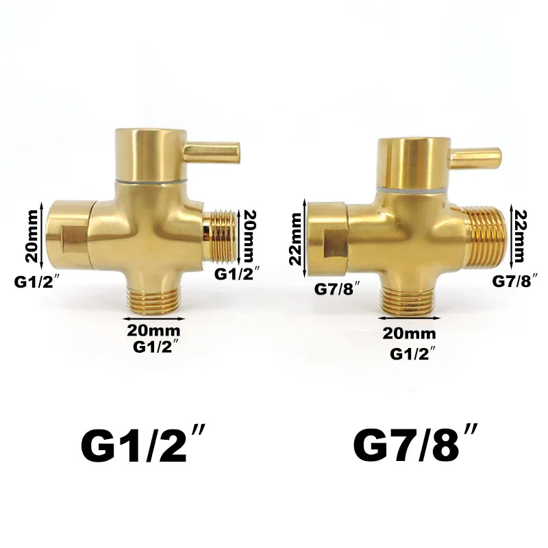 Gold-plating Stainless G7/8" G1/2" T Adapter water tap faucet Diverter Valve 3 way Brass Separator for toilet Shower Head Tee