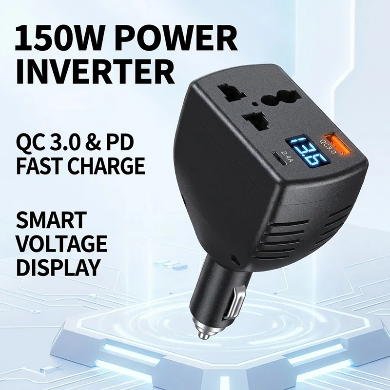 150W 자동차 전원 인버터 어댑터 DC 12V-24V 범용 AC 콘센트 QC3.0 ..