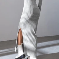 Women sexy knit V-neck reverse neck split dress autumn winter full sleeve elastic basic body sweater - Image 6