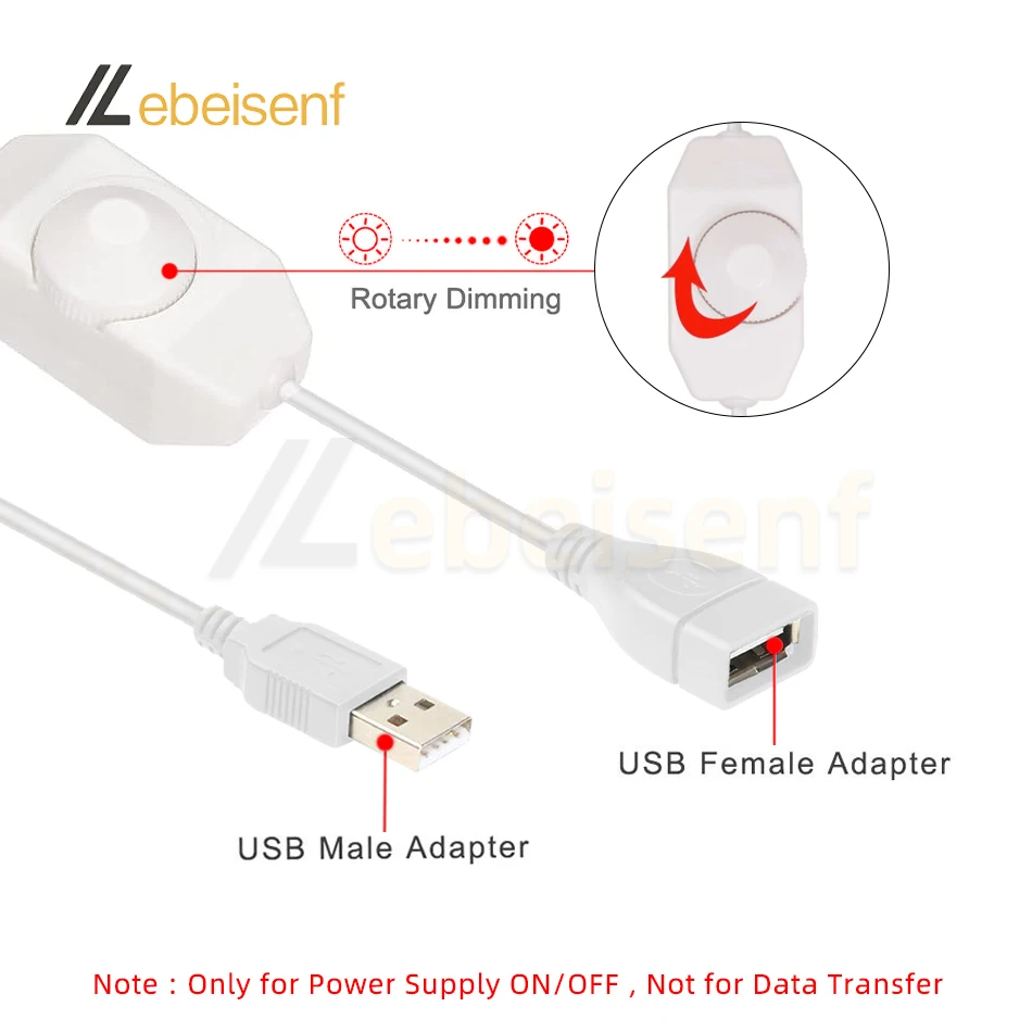 LED Dimmer Switch Knob 5V DC USB Female to Male Extension Cord with Rotary ON OFF Controller White Black for LED Strips
