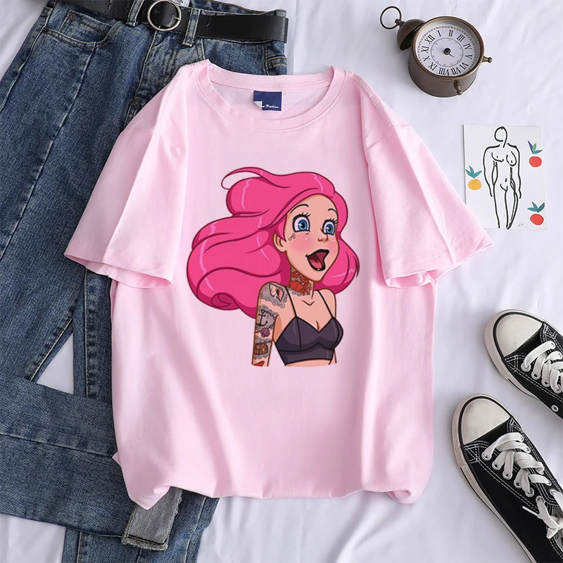 2022 New Alice In Wonderland T Shirts Womens Cotton Tops Black Alice Snow White Print Casual Short Sleeves 90s Fashion Top black t shirt for men