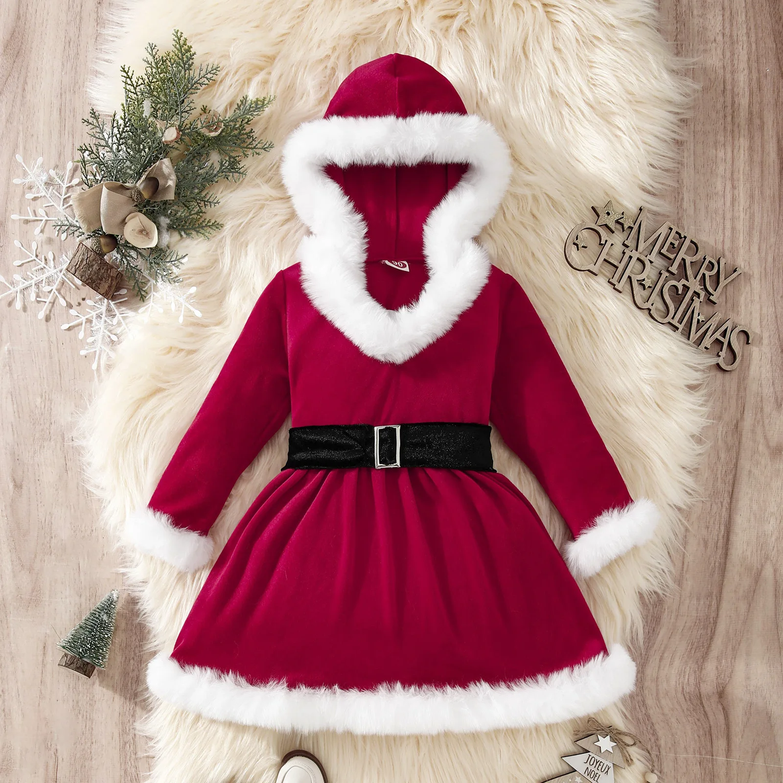 

Kids Girls Santa Claus Christmas Costume Long Sleeve Faux Fur Velvet Hooded Dress for Xmas New Year Theme Party Performance